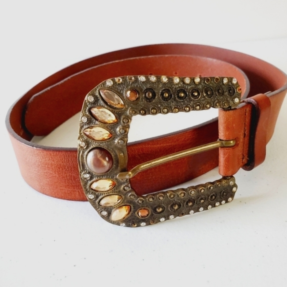 Fabio Corti Genuine Leather Belt Brown Jeweled Beaded Oversized Buckle Italy